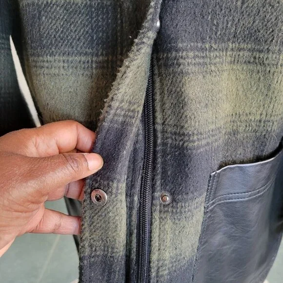 LAST CALL -Weatherproof Green Plaid Vegan Leather Mid Length Coat (Size: L) - Picture 11 of 16